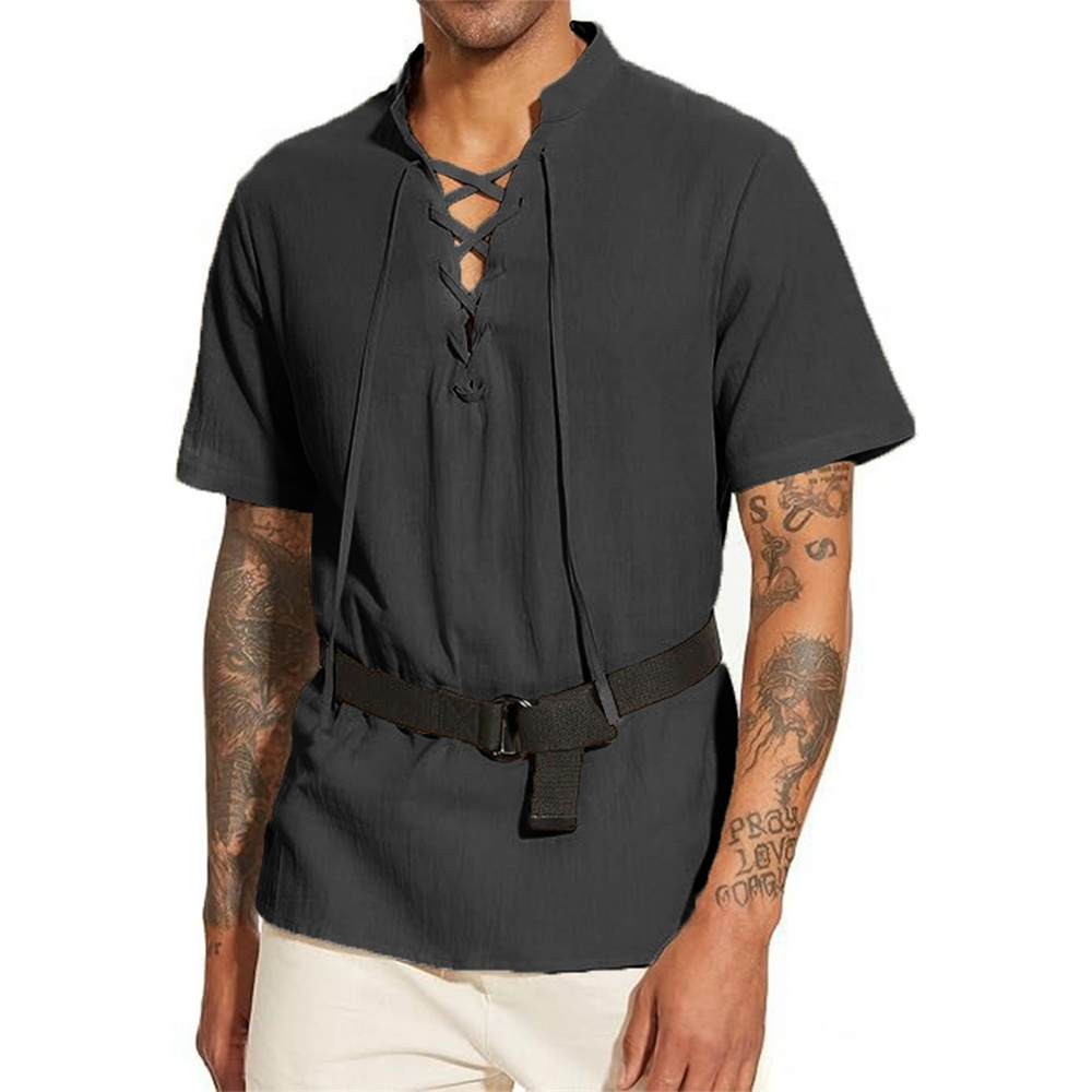 Short Linen Drawstring - Men's V-neck T-shirt Vintage Pirate Gothic