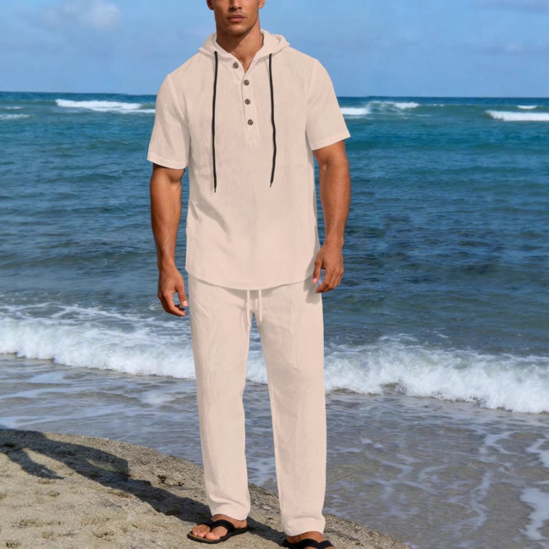 Short Linen Drawstring - Men's 2 Piece Linen Hooded Outfit