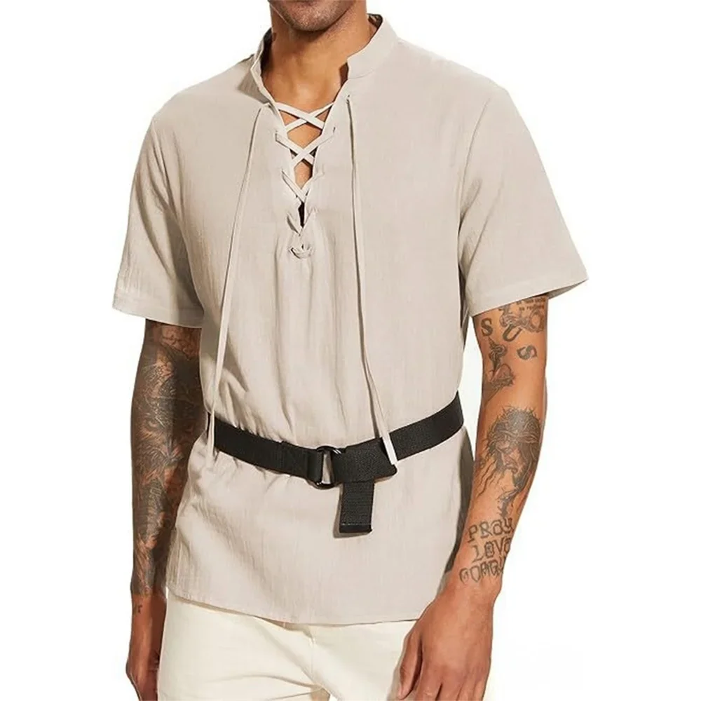 Men's V-neck T-shirt Vintage P - огляд і ціна Short Linen Drawstring